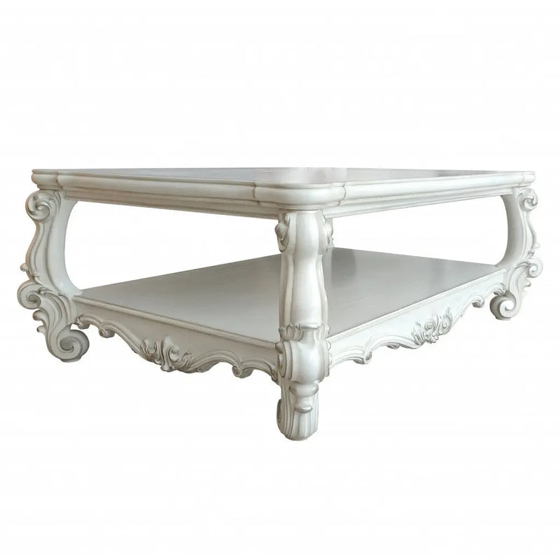 57" Antiqued White Wood Coffee Table With Shelf Homeroots Living Room