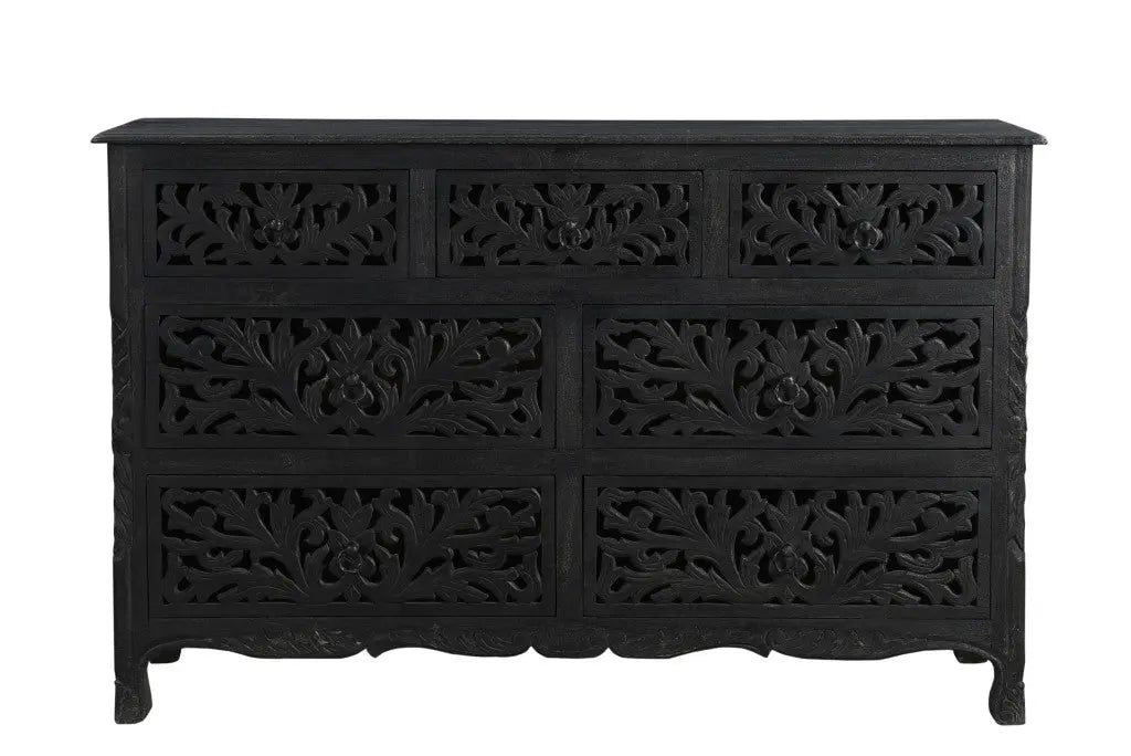 57" Black Solid Wood Seven Drawer Dresser Homeroots Bed & Bath