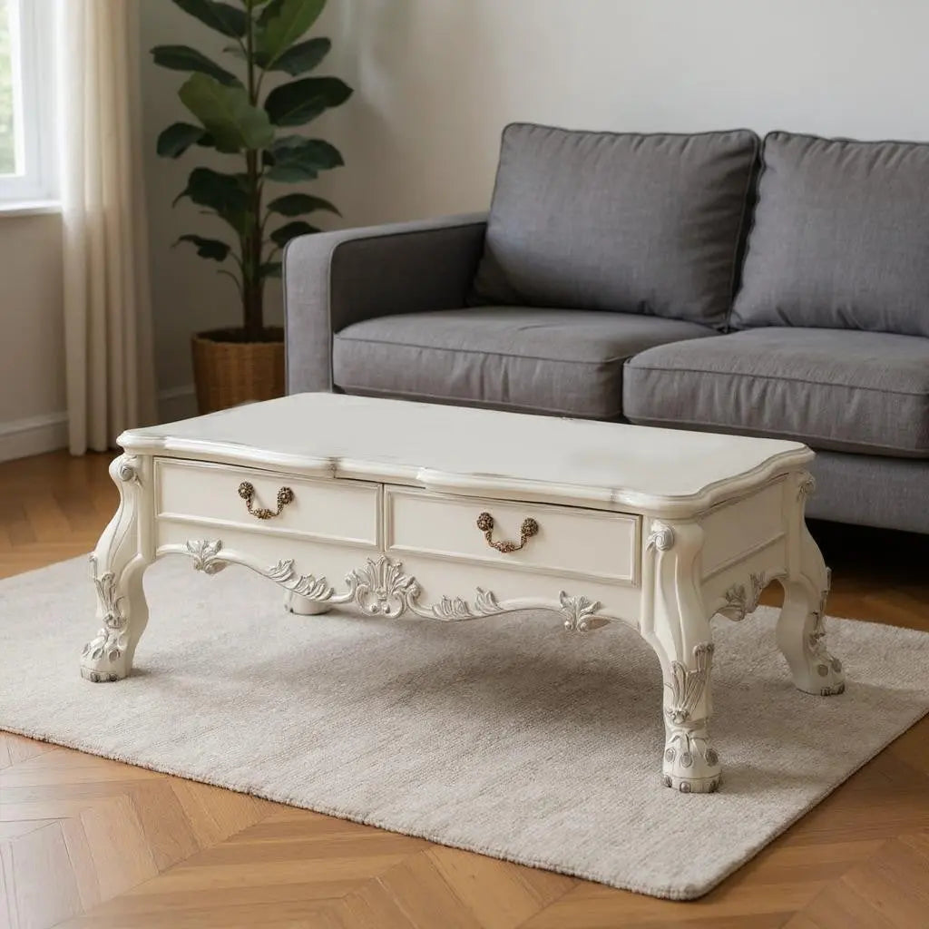 57" Bone Wood Coffee Table With Two Drawers Homeroots Living Room