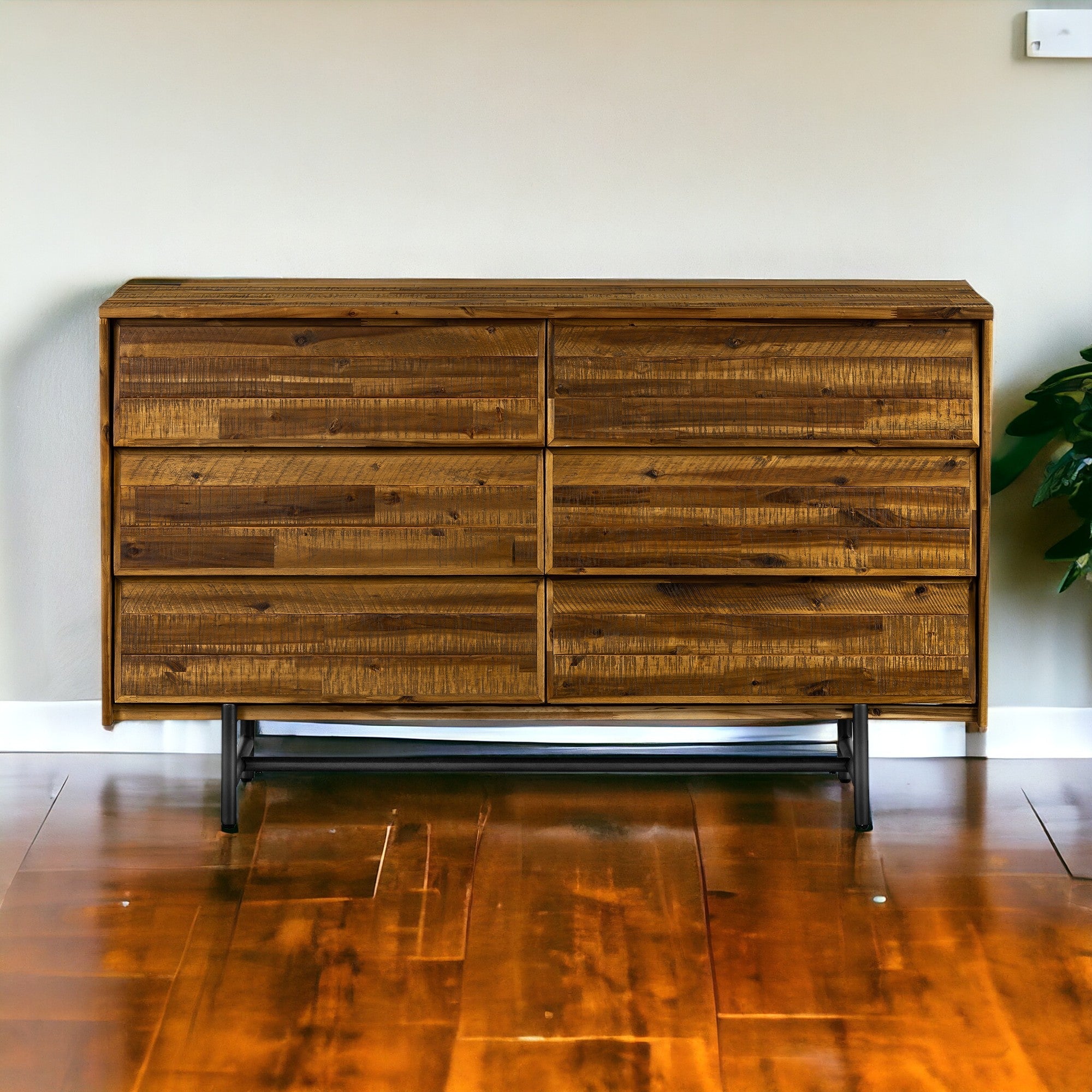 57" Brown and Black Solid Wood Six Drawer Double Dresser - GreatEagleInc