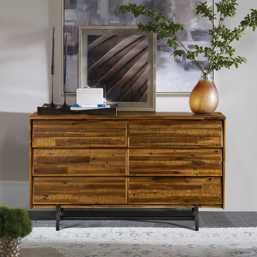 57" Brown and Black Solid Wood Six Drawer Double Dresser - GreatEagleInc