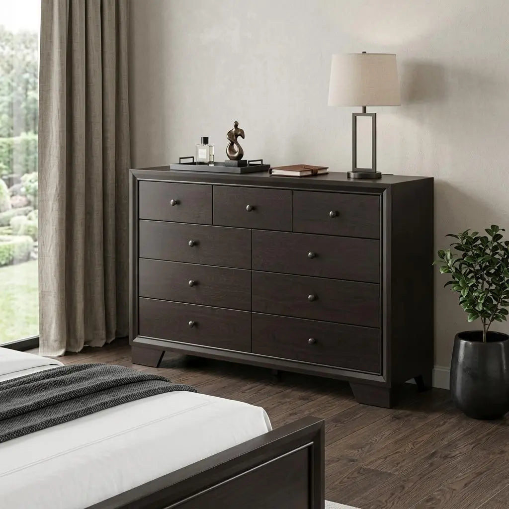 57" Espresso Wood Nine Drawer Double Dresser Homeroots Bed & Bath