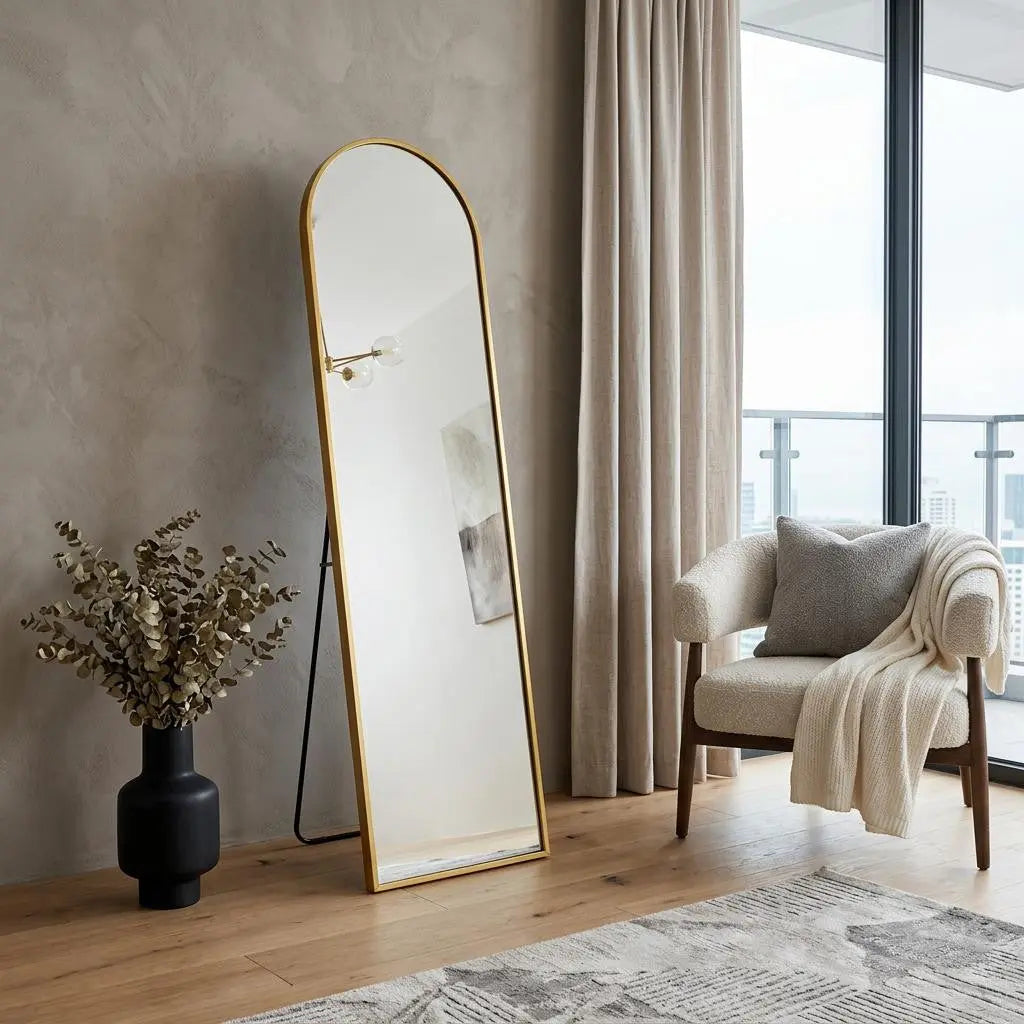 57" Gold Aluminum Arch Freestanding And Wall Mounted Framed Full Length Mirror Homeroots Bed & Bath
