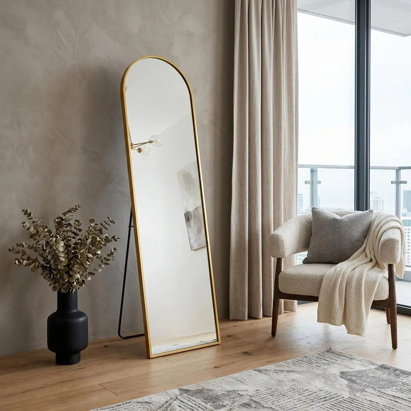57" Gold Aluminum Arch Freestanding And Wall Mounted Framed Full Length Mirror Homeroots Bed & Bath