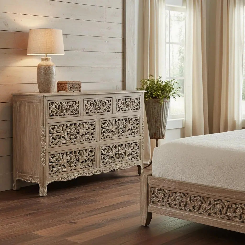 57" Gray Solid Wood Seven Drawer Dresser Homeroots Bed & Bath