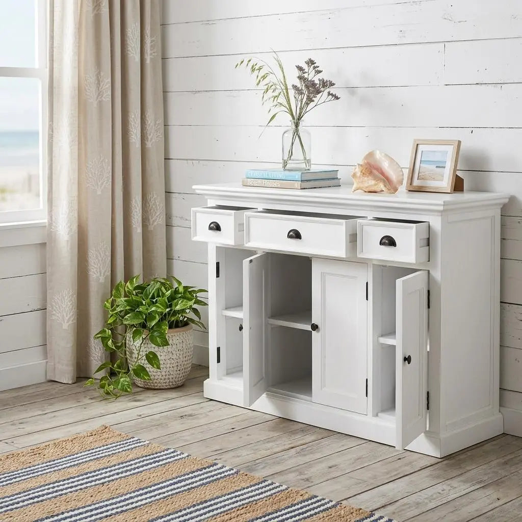 57" White Solid Wood Three Drawer Sideboard Homeroots Kitchen & Dining
