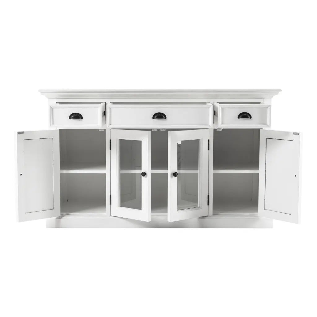 57" White Solid Wood Three Drawer Sideboard with Four Glass Doors Homeroots Kitchen & Dining