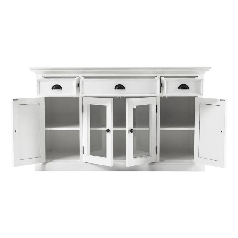 57" White Solid Wood Three Drawer Sideboard with Four Glass Doors Homeroots Kitchen & Dining