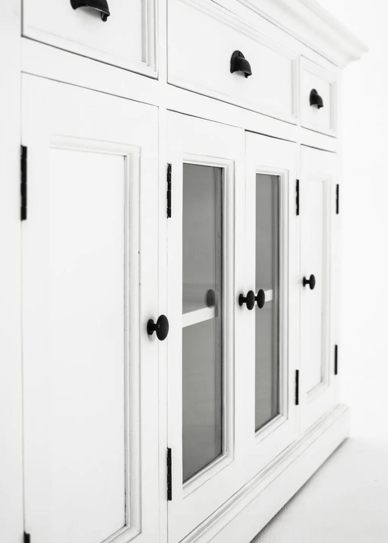 57" White Solid Wood Three Drawer Sideboard with Four Glass Doors Homeroots Kitchen & Dining