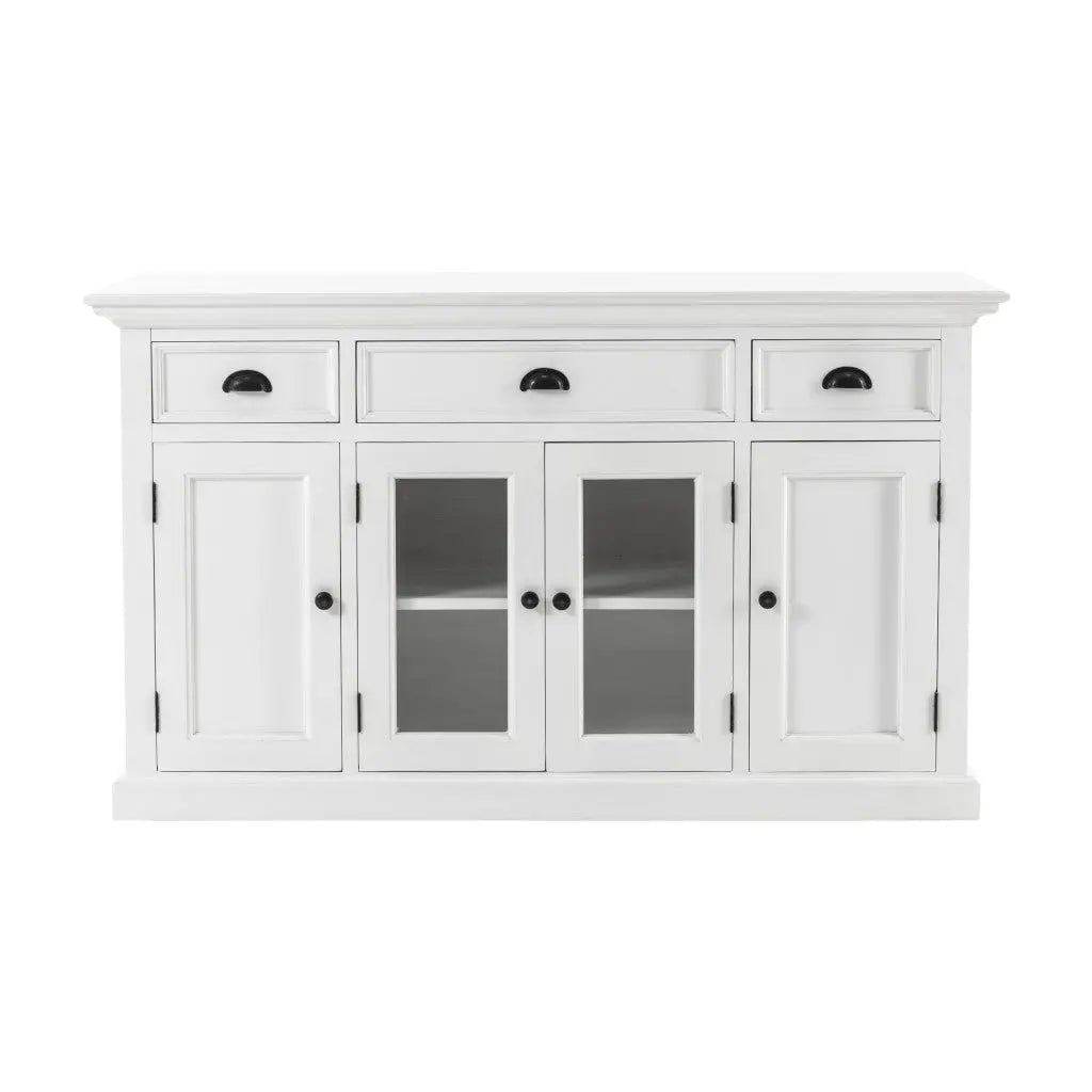 57" White Solid Wood Three Drawer Sideboard with Four Glass Doors Homeroots Kitchen & Dining