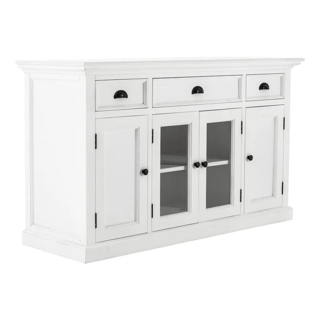 57" White Solid Wood Three Drawer Sideboard with Four Glass Doors Homeroots Kitchen & Dining