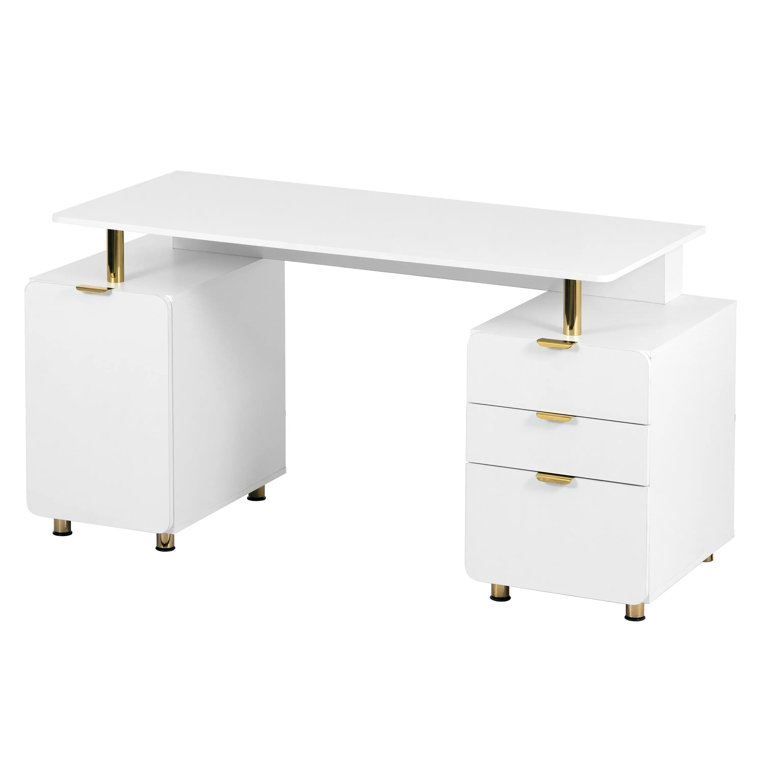 57" White Wood and Stainless Steel Computer Desk With Three Drawers Homeroots Office