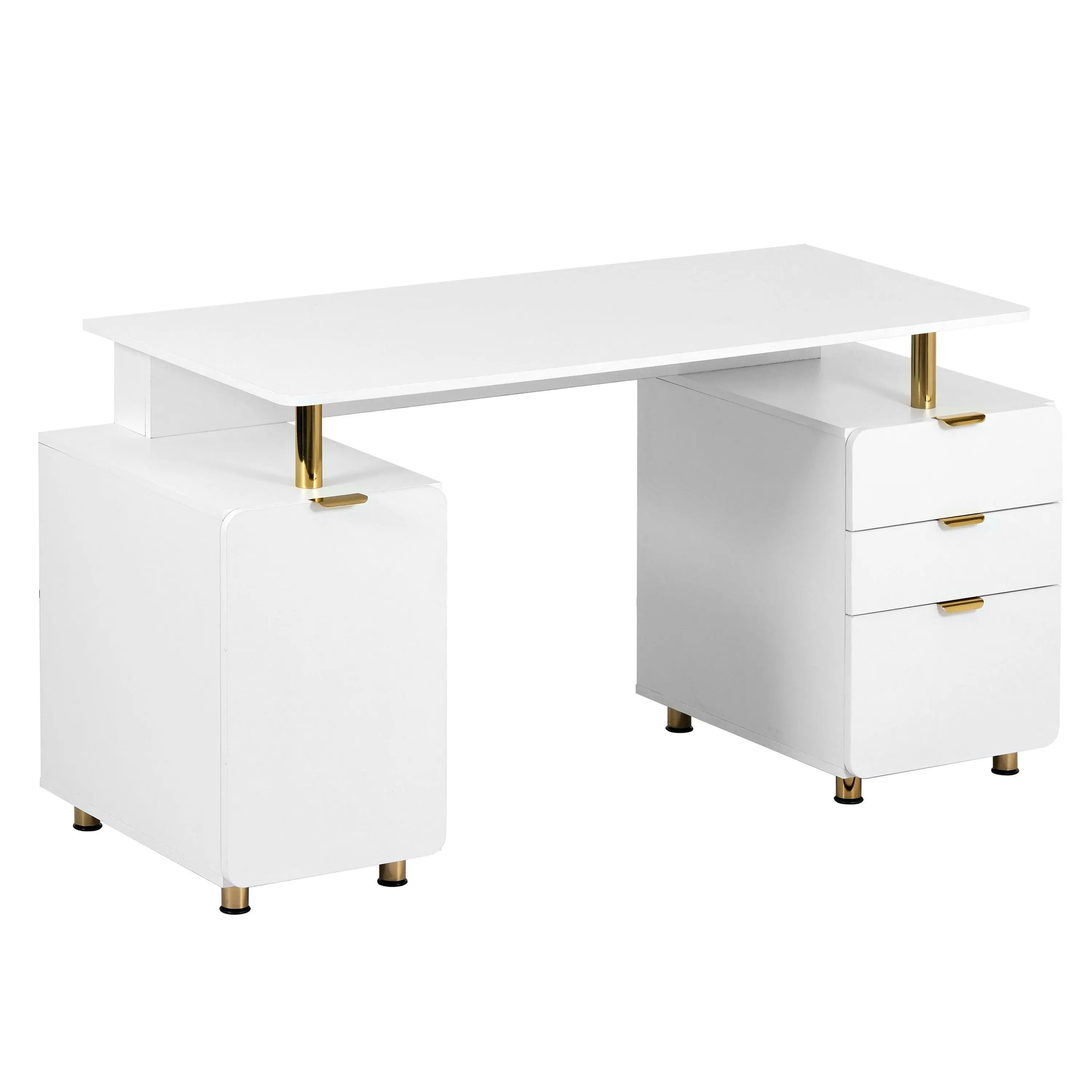 57" White Wood and Stainless Steel Computer Desk With Three Drawers Homeroots Office