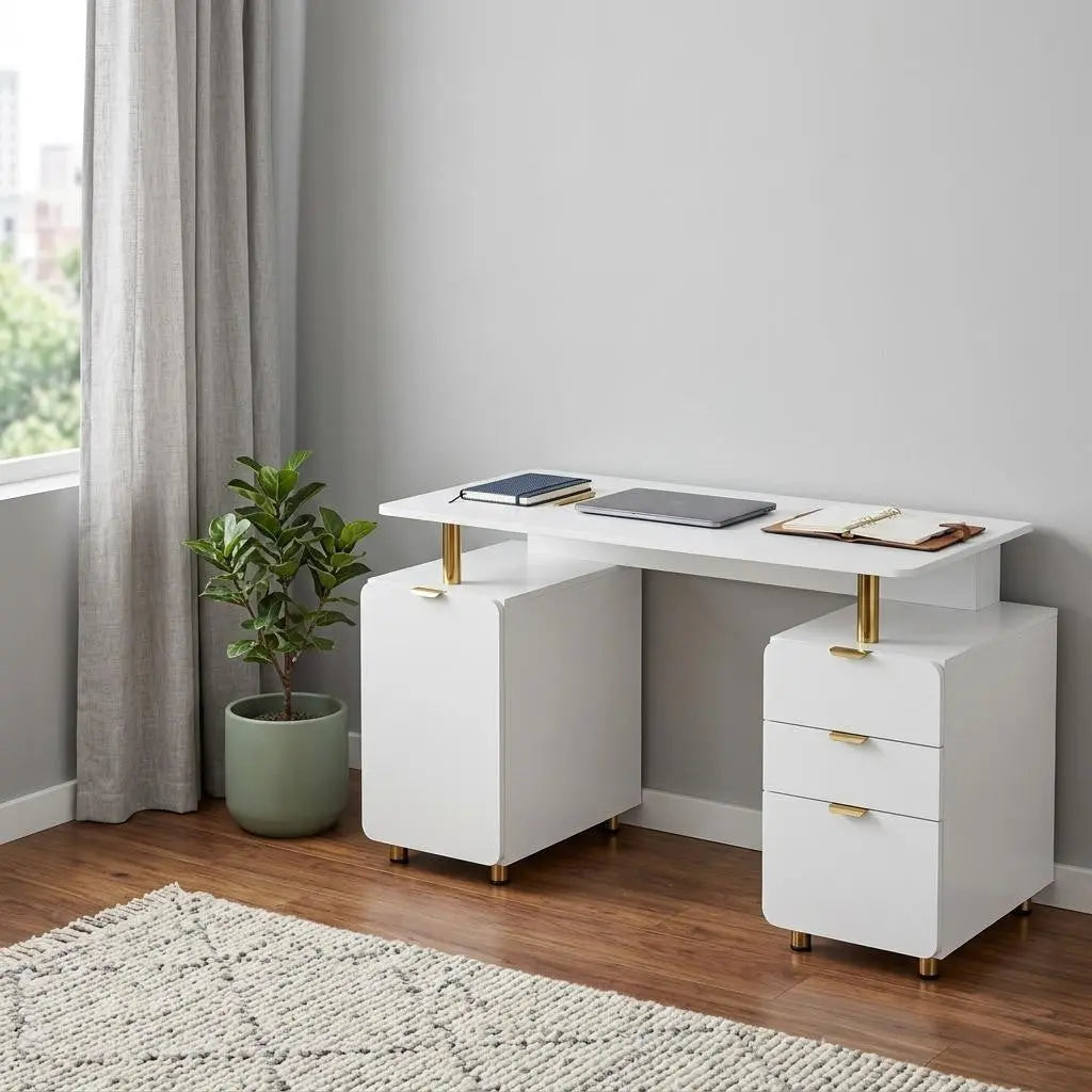 57" White Wood and Stainless Steel Computer Desk With Three Drawers Homeroots Office