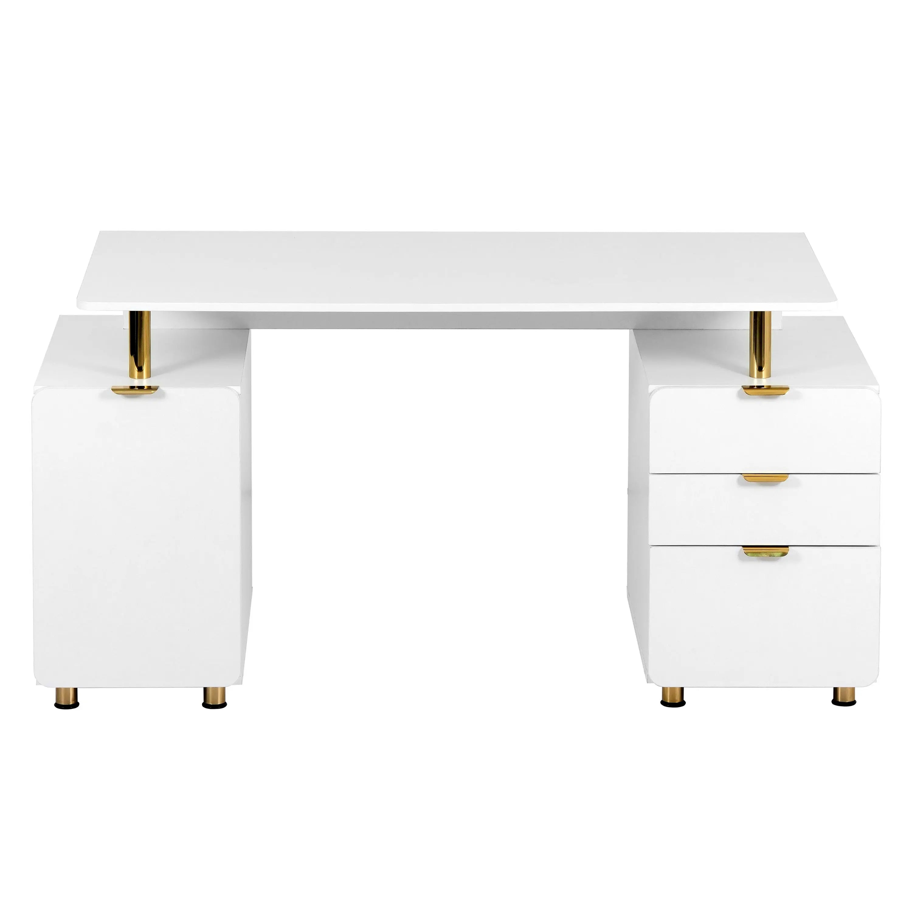 57" White Wood and Stainless Steel Computer Desk With Three Drawers Homeroots Office