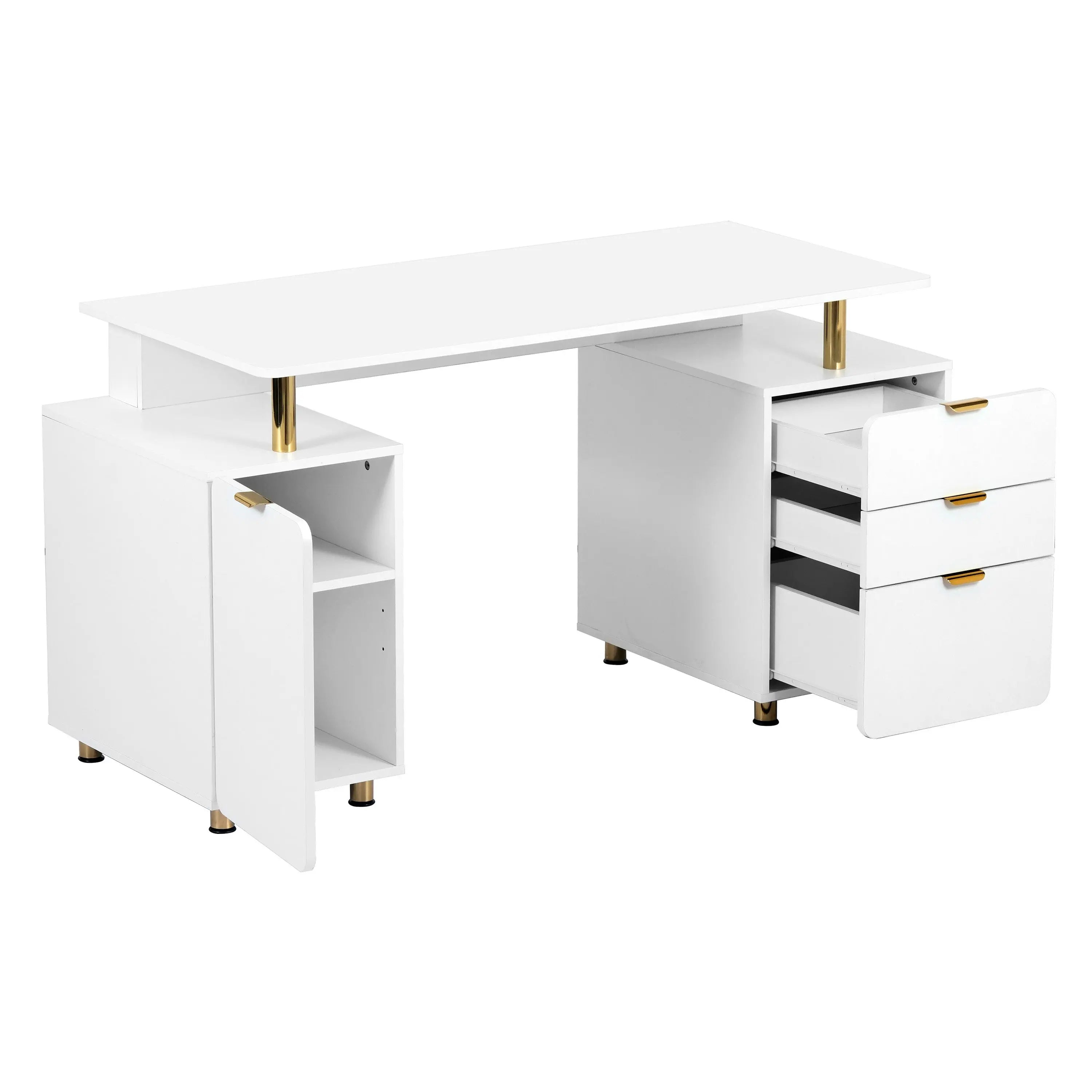 57" White Wood and Stainless Steel Computer Desk With Three Drawers Homeroots Office