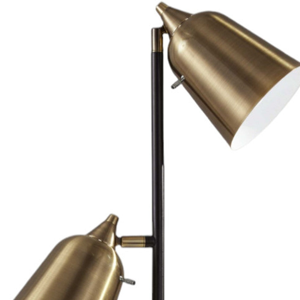 58" Black Two Light Task Floor Lamp With Antiqued Brass Metal Cone Shade - GreatEagleInc