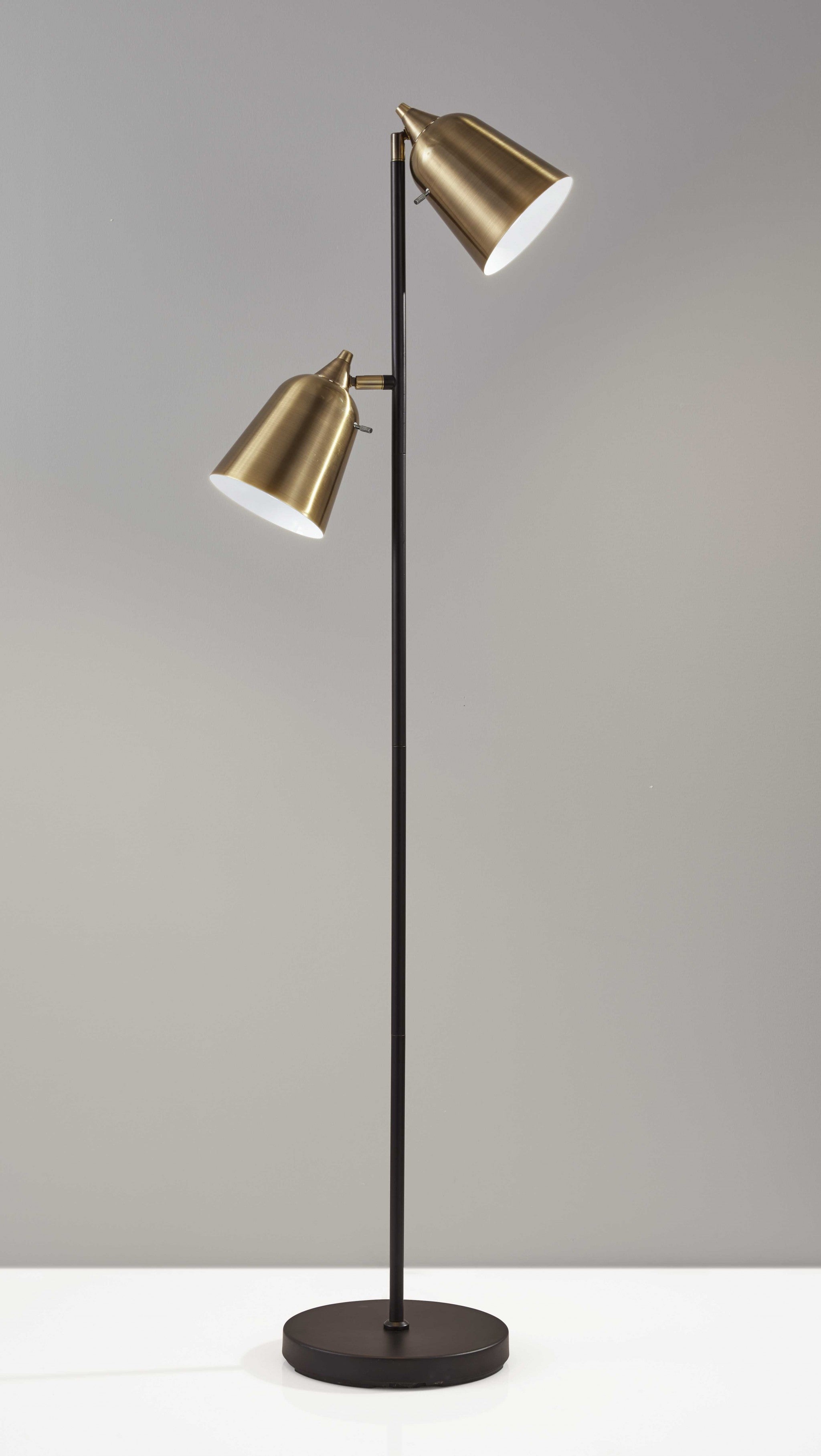 58" Black Two Light Task Floor Lamp With Antiqued Brass Metal Cone Shade - GreatEagleInc