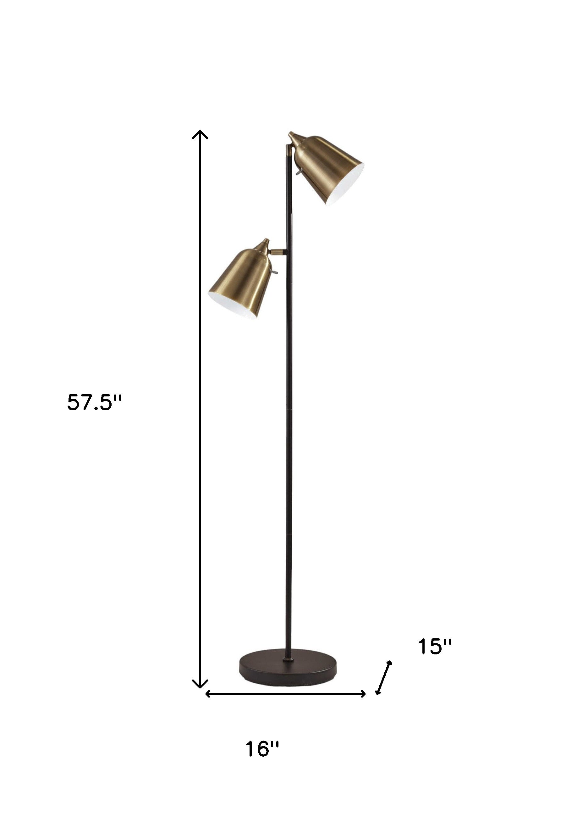 58" Black Two Light Task Floor Lamp With Antiqued Brass Metal Cone Shade - GreatEagleInc