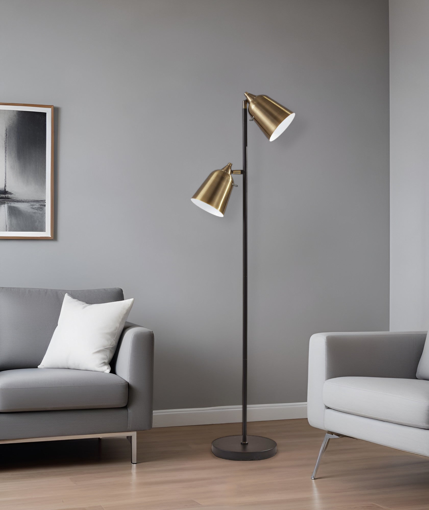 58" Black Two Light Task Floor Lamp With Antiqued Brass Metal Cone Shade - GreatEagleInc