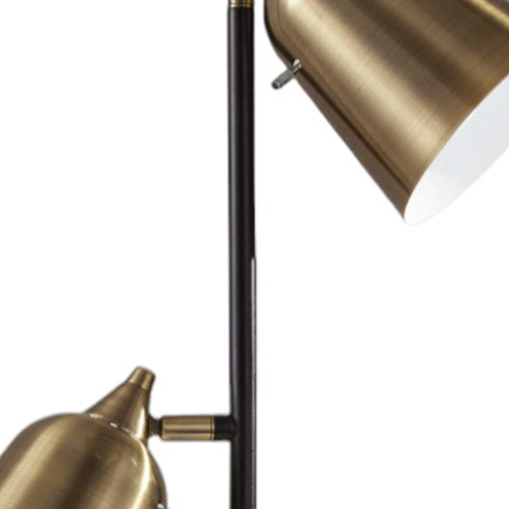 58" Black Two Light Task Floor Lamp With Antiqued Brass Metal Cone Shade - GreatEagleInc