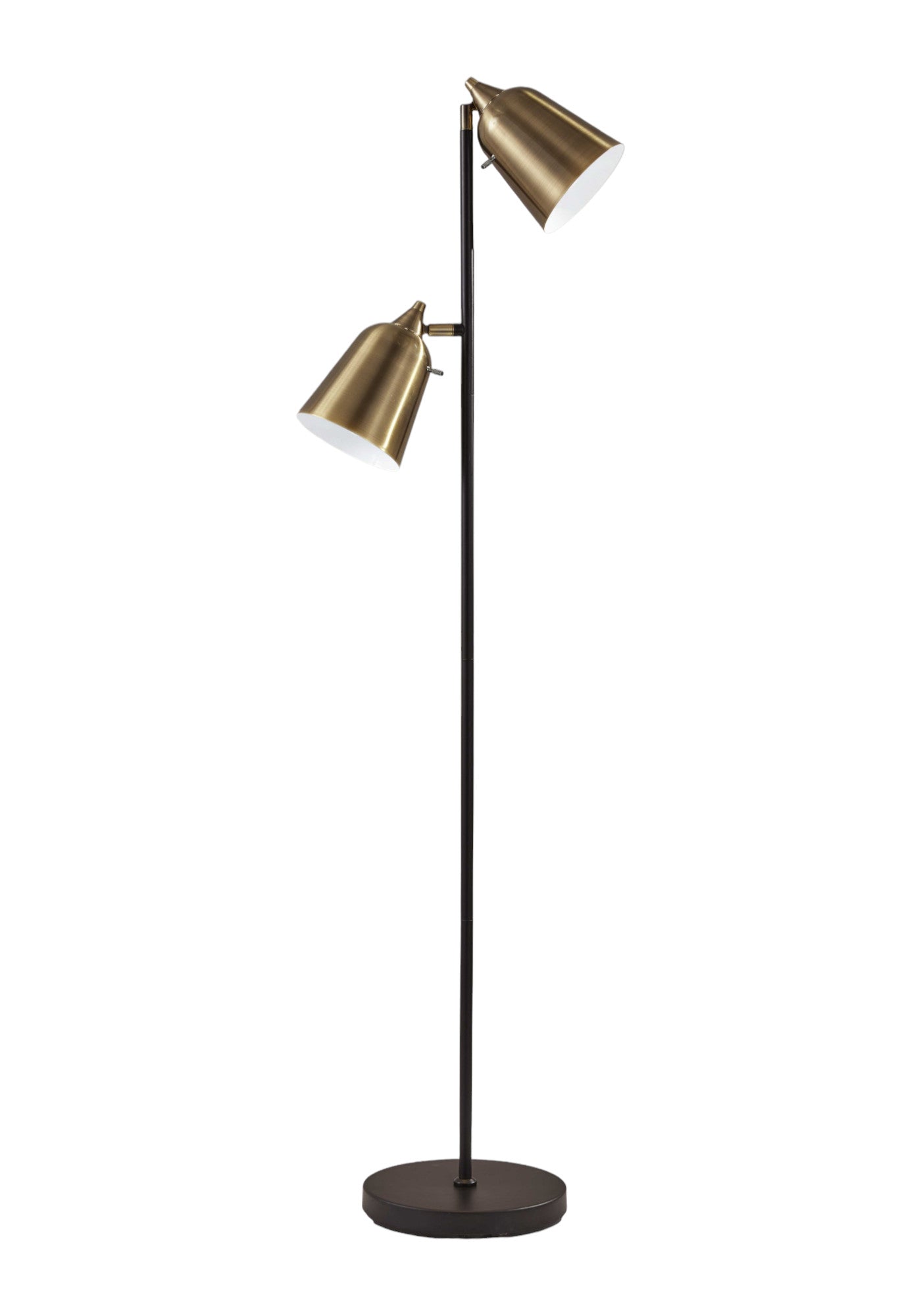 58" Black Two Light Task Floor Lamp With Antiqued Brass Metal Cone Shade - GreatEagleInc