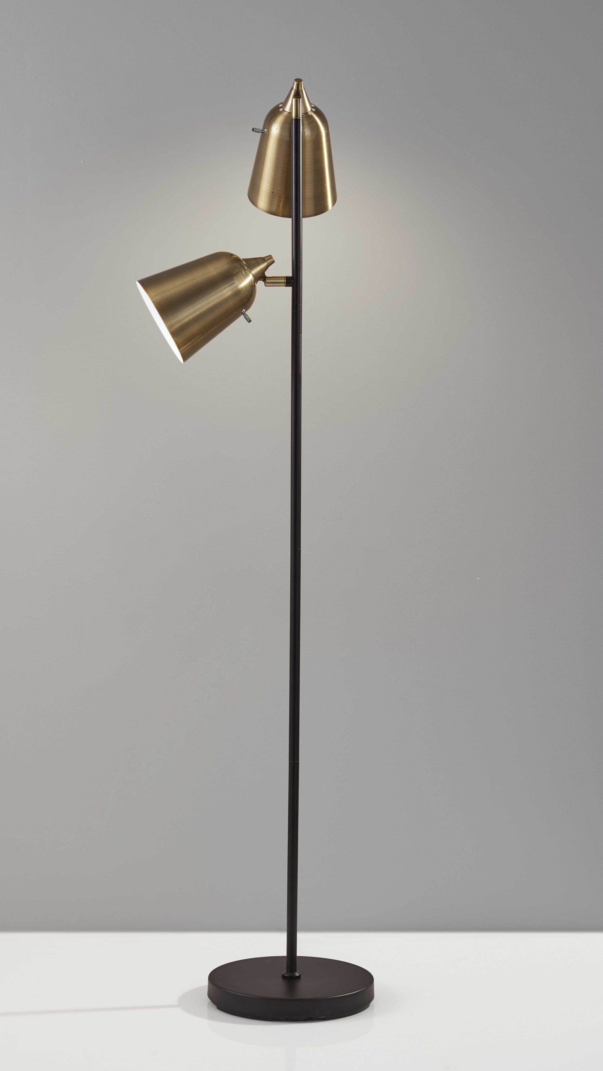 58" Black Two Light Task Floor Lamp With Antiqued Brass Metal Cone Shade - GreatEagleInc