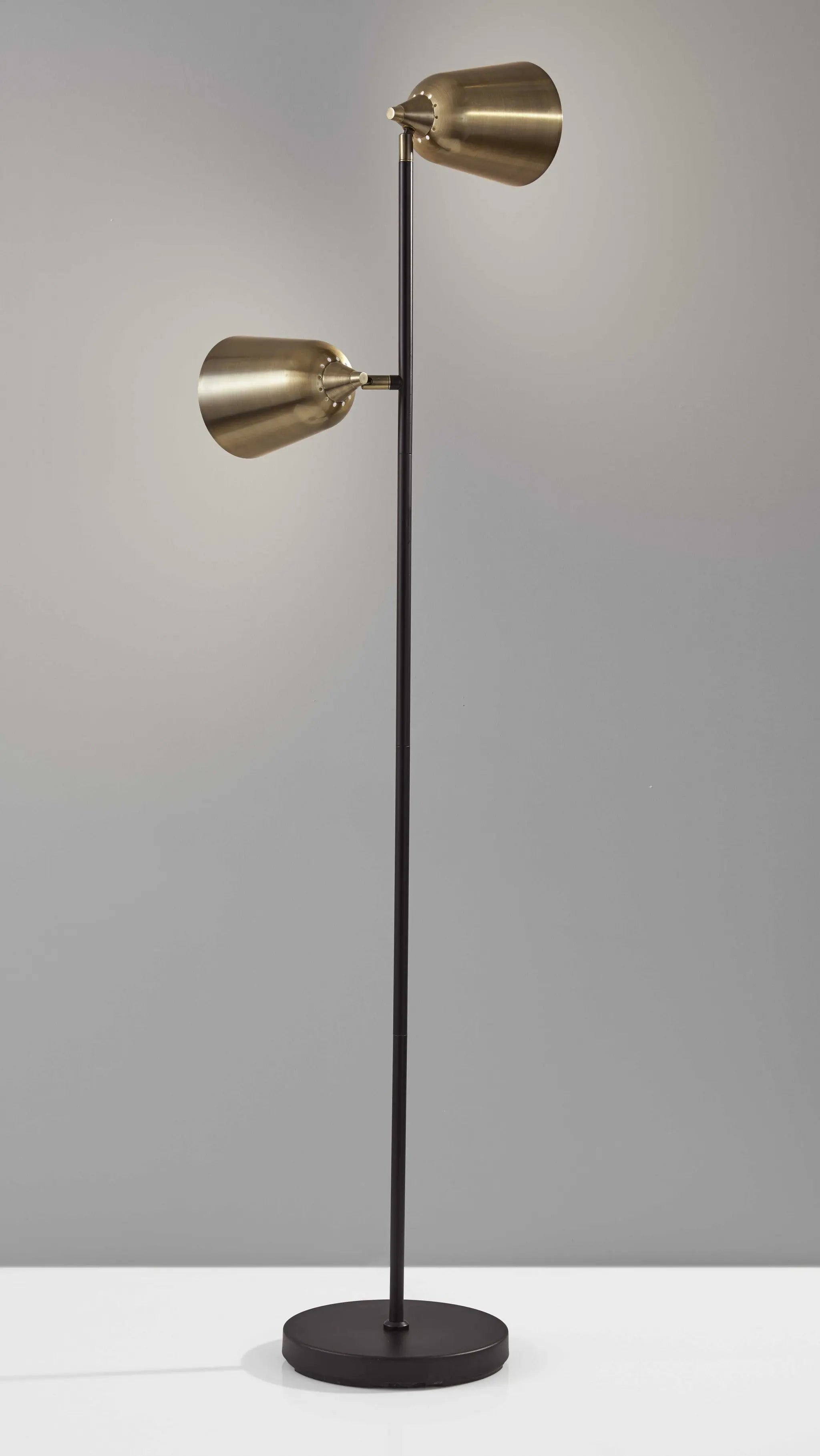 58" Black Two Light Task Floor Lamp With Antiqued Brass Metal Cone Shade - GreatEagleInc