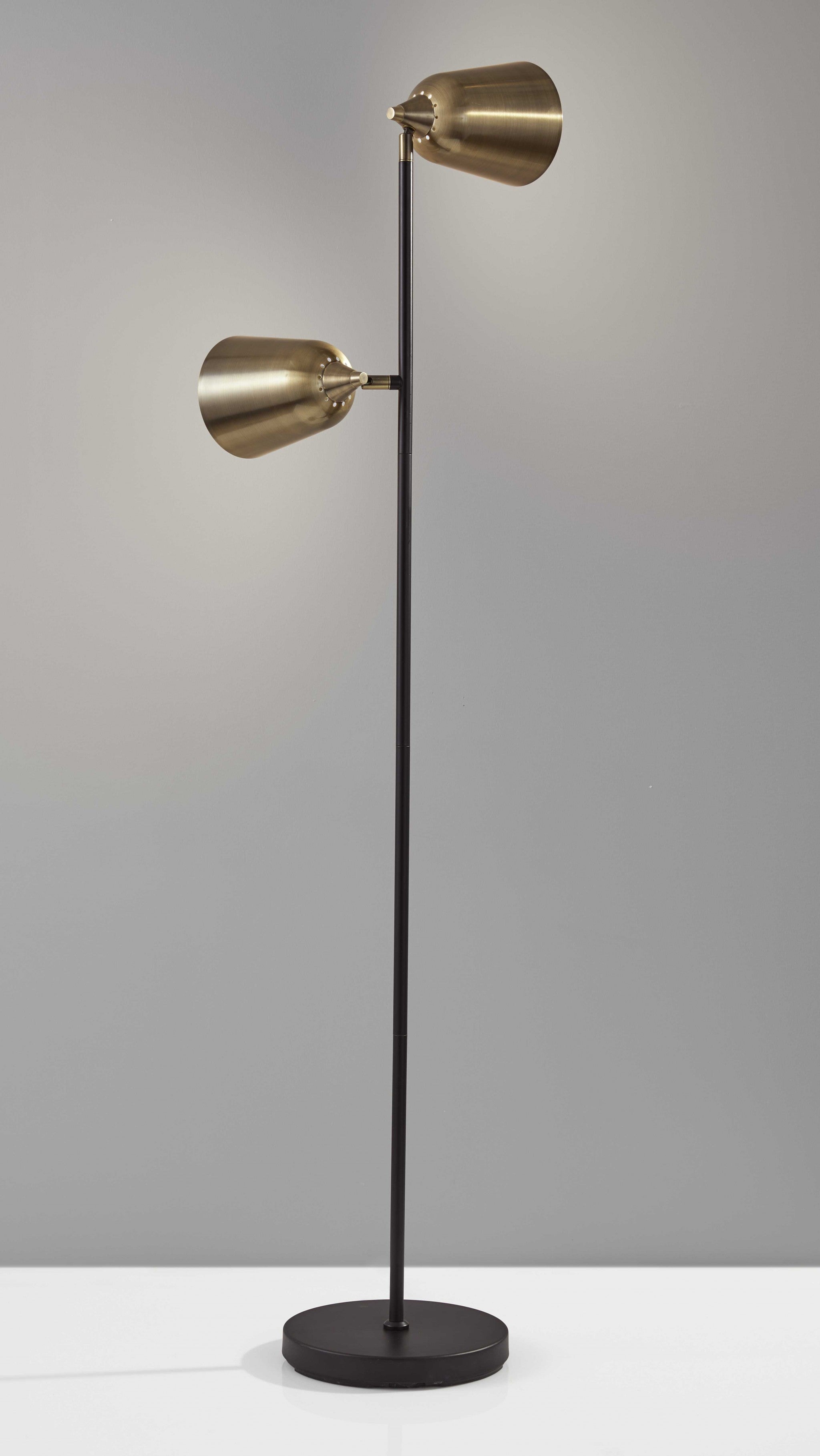 58" Black Two Light Task Floor Lamp With Antiqued Brass Metal Cone Shade - GreatEagleInc