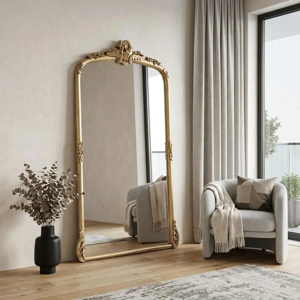 58" Gold Wood Leaning Framed Standing Mirror Homeroots Bed & Bath