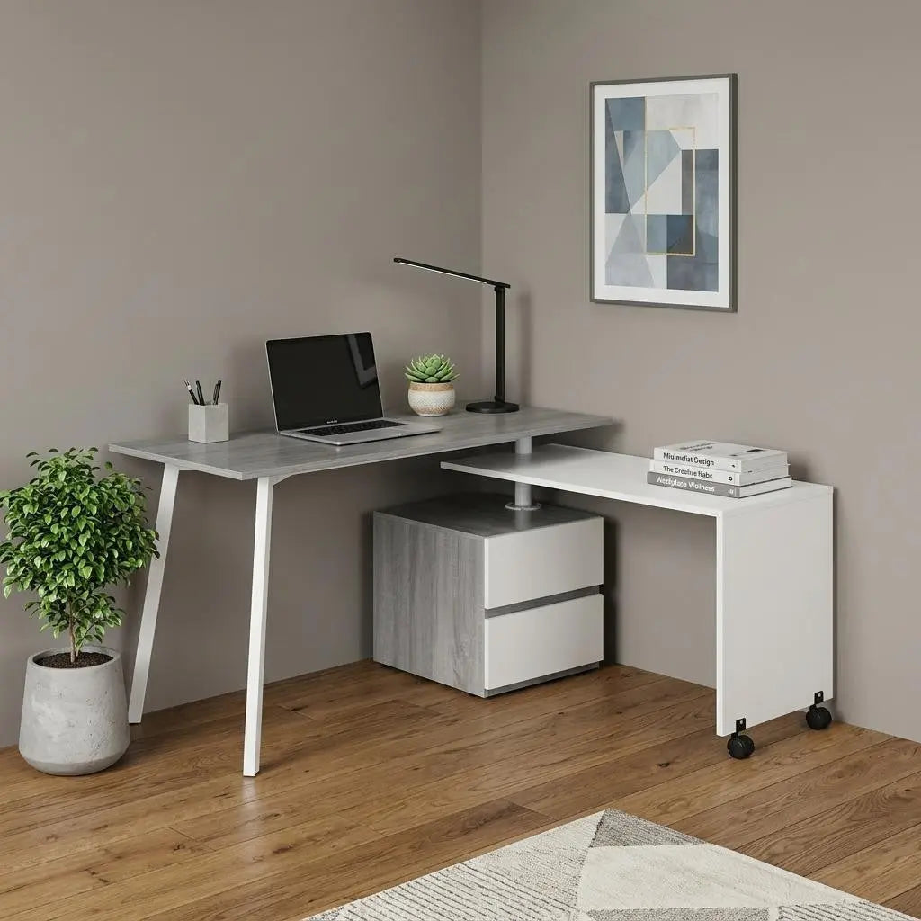 58" Gray and White Wood L Shape Rolling Computer Desk With Two Drawers Homeroots Office