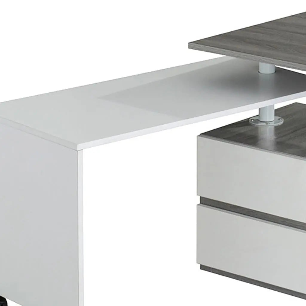 58" Gray and White Wood L Shape Rolling Computer Desk With Two Drawers Homeroots Office