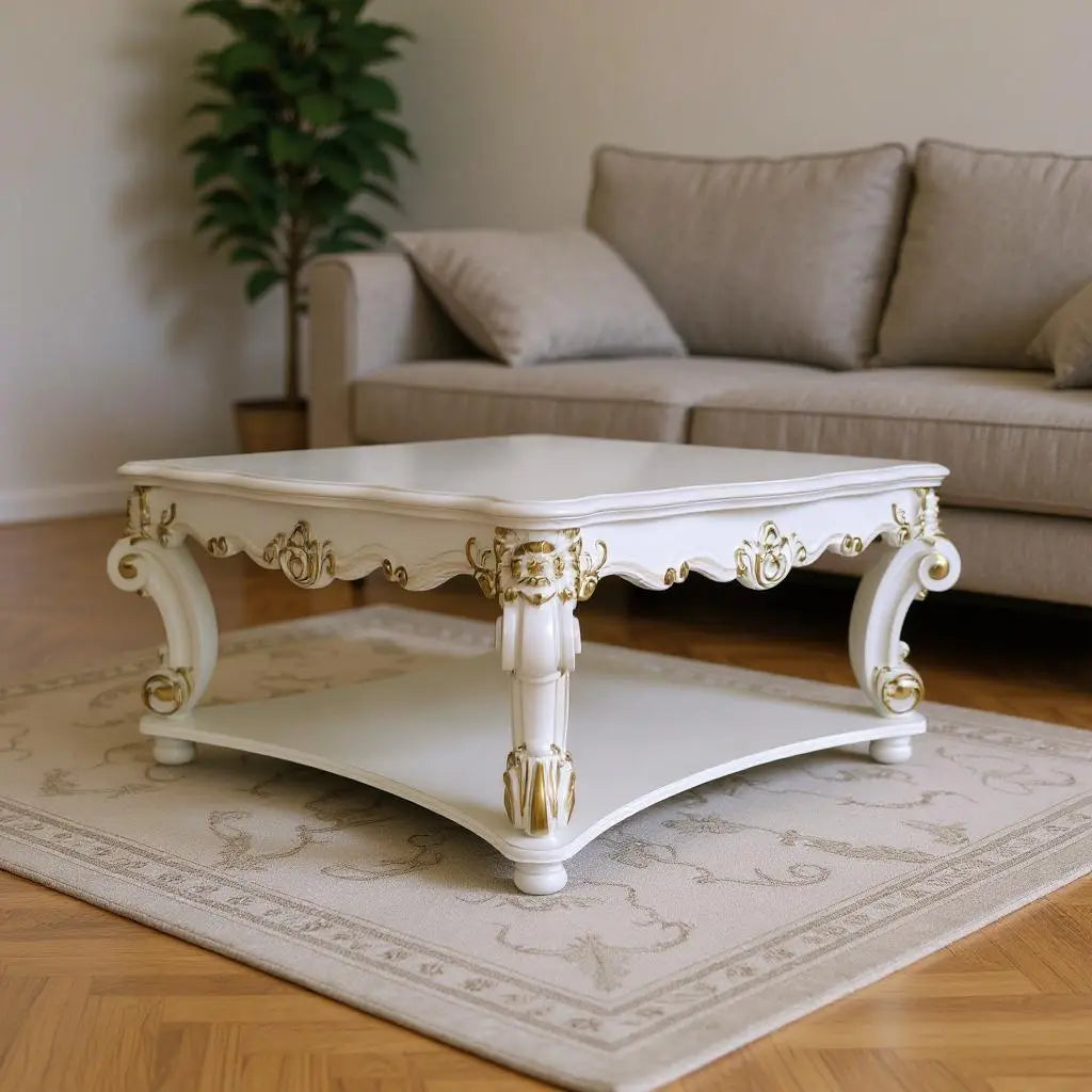 58" Ivory and Gold Wood Square Coffee Table With Shelf Homeroots Living Room