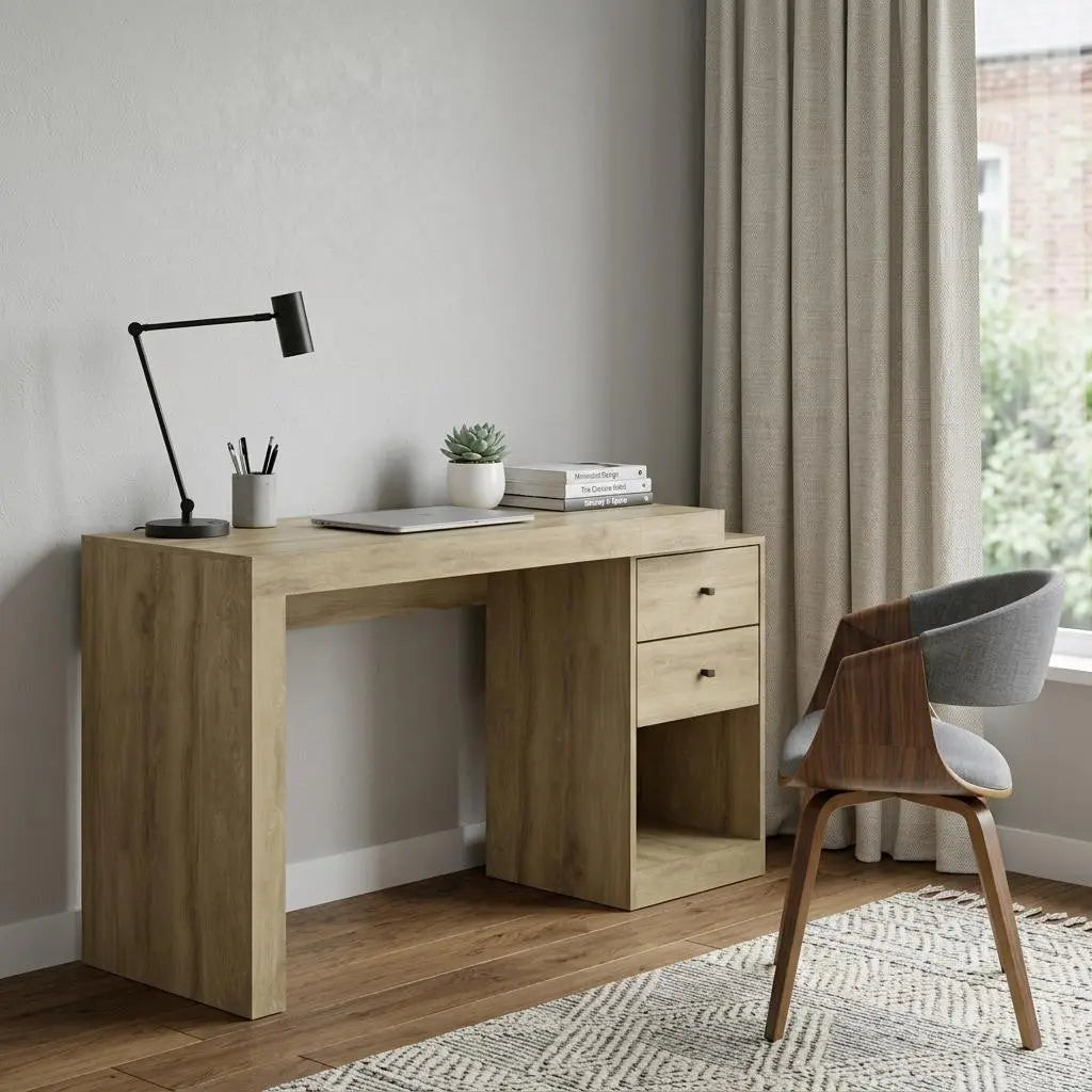 58" Oak Wood Writing Desk With Two Drawers Homeroots Office
