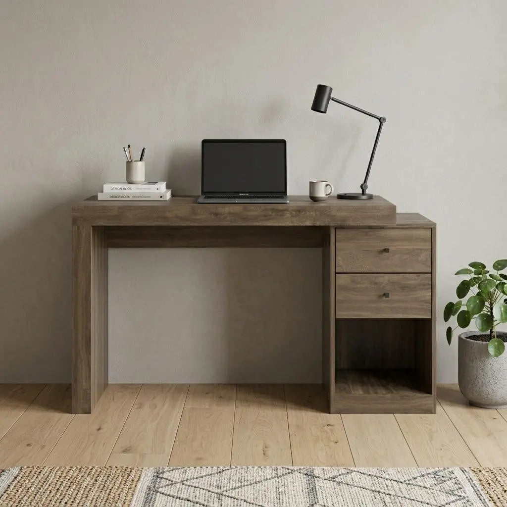 58" Walnut Wood Writing Desk With Two Drawers Homeroots Office