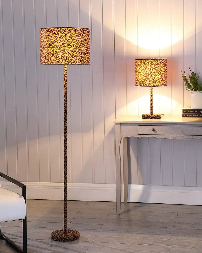 59" Amber And Black Metal Floor Lamp With Amber And Black Animals Faux Leather Cylinder Shade Homeroots Lighting