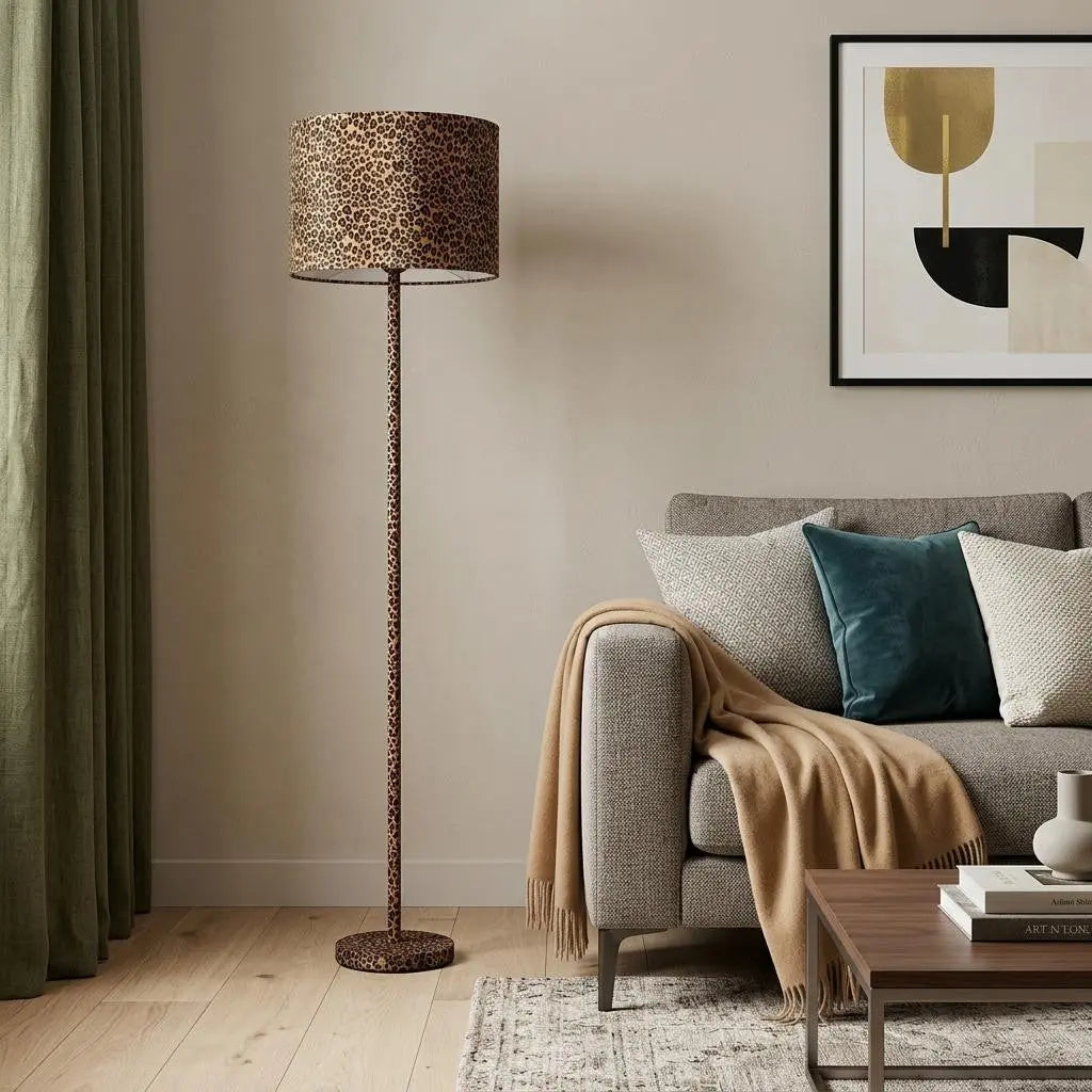 59" Amber And Black Metal Floor Lamp With Amber And Black Animals Faux Leather Cylinder Shade Homeroots Lighting
