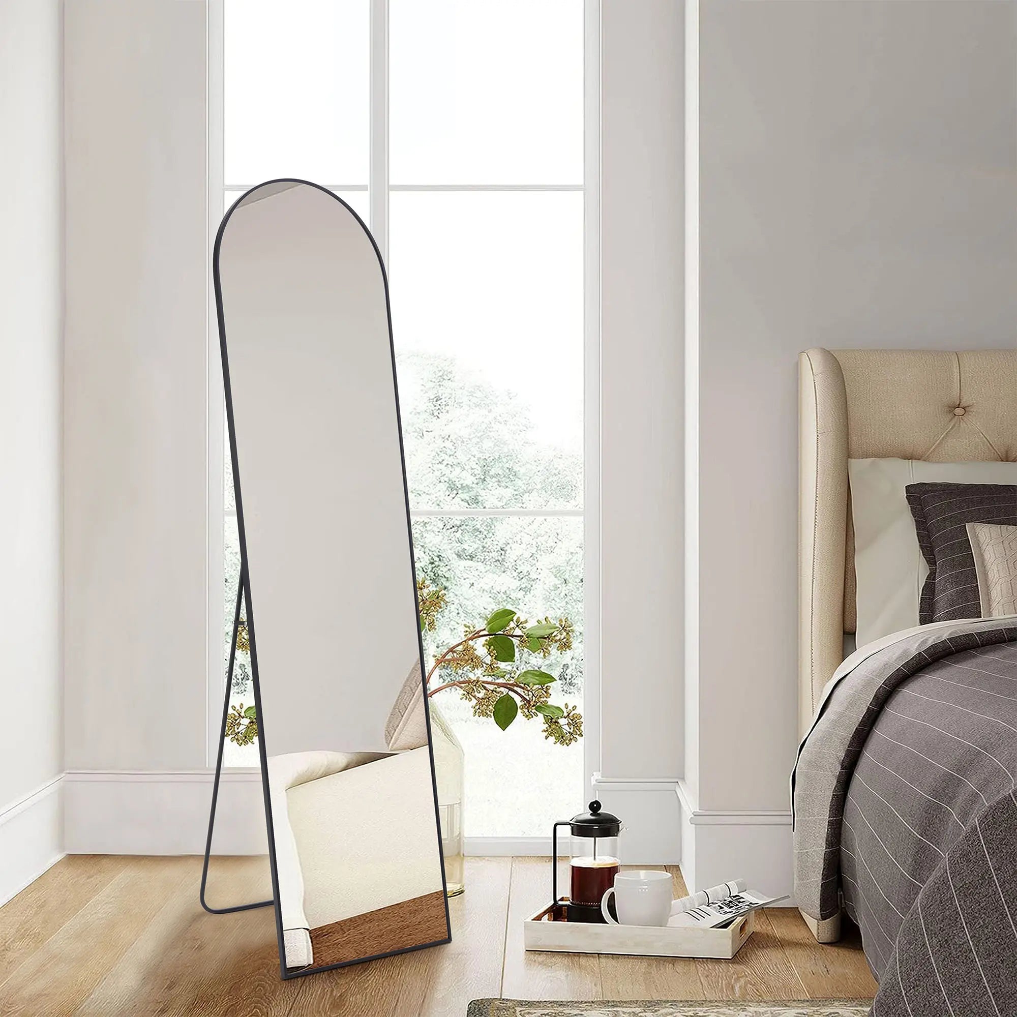 59" Black Aluminum Arch Freestanding And Wall Mounted Framed Full Length Mirror Homeroots Bed & Bath