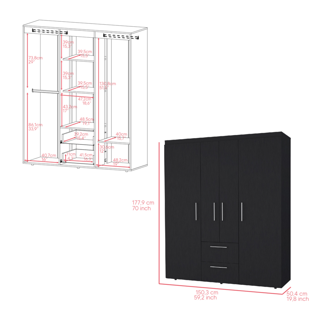 59" Black Two Drawer Combo Dresser - GreatEagleInc