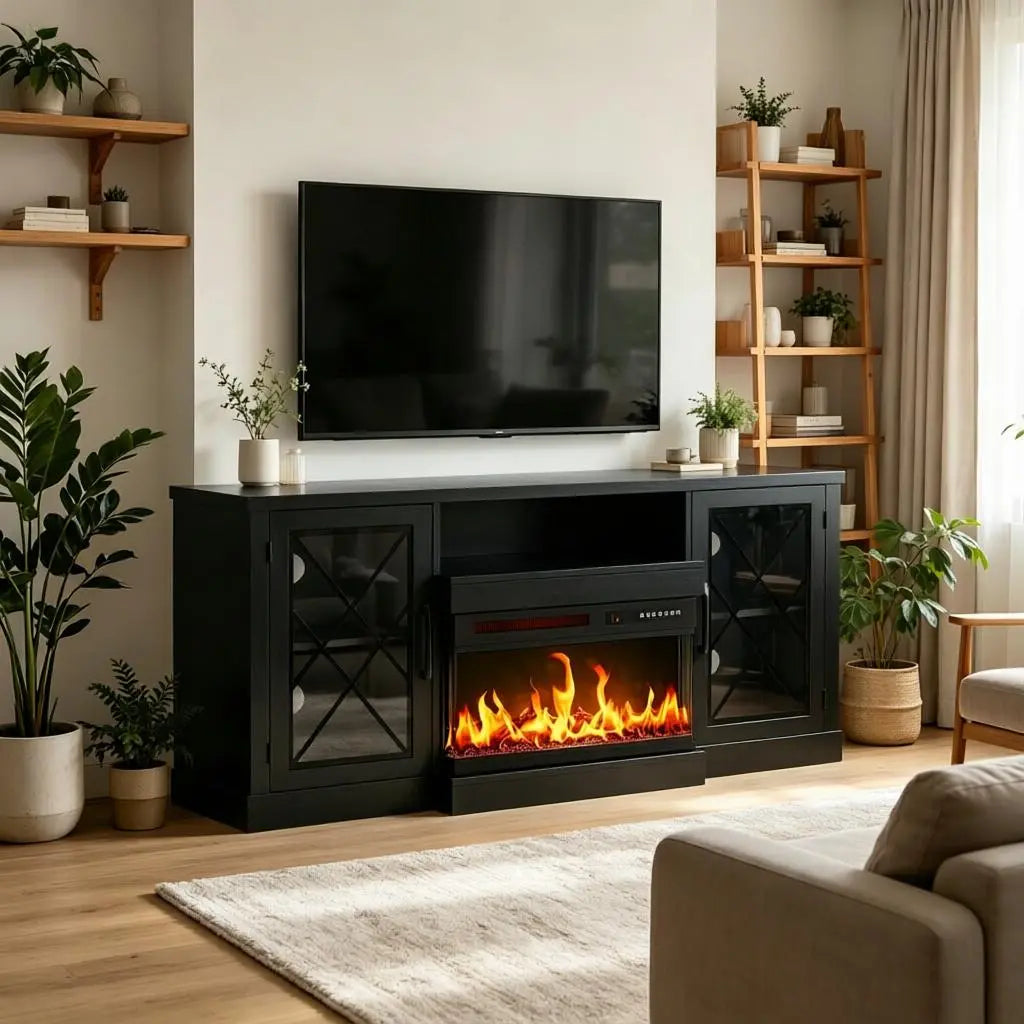 59" Black Wood Fireplace TV Stand With Fireplace Homeroots Living Room