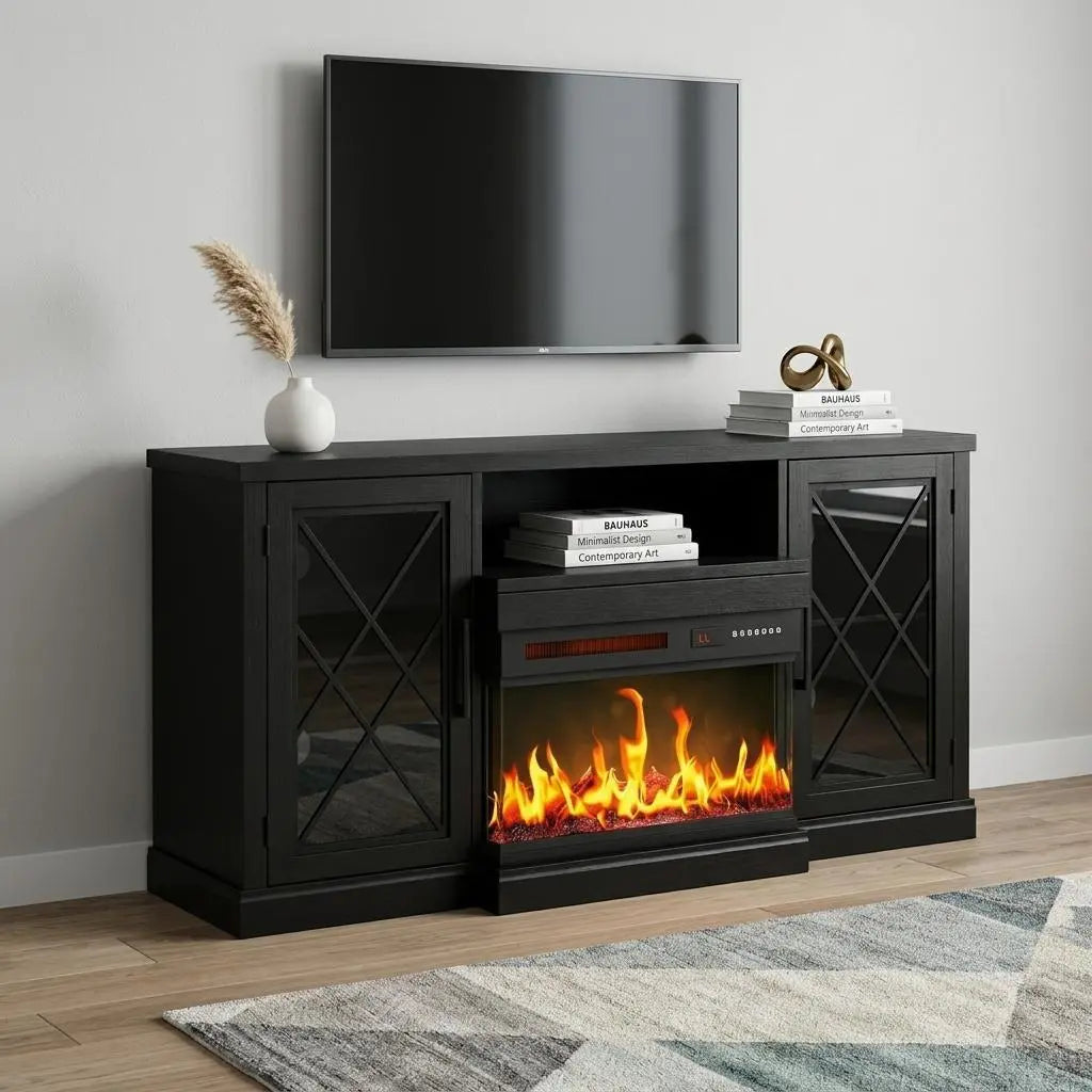 59" Black Wood Fireplace TV Stand With Fireplace Homeroots Living Room