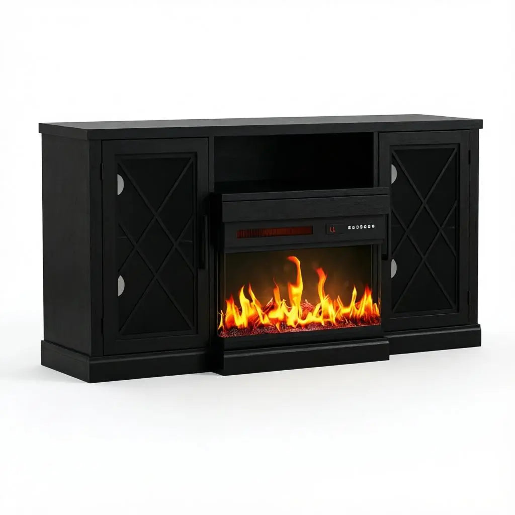 59" Black Wood Fireplace TV Stand With Fireplace Homeroots Living Room
