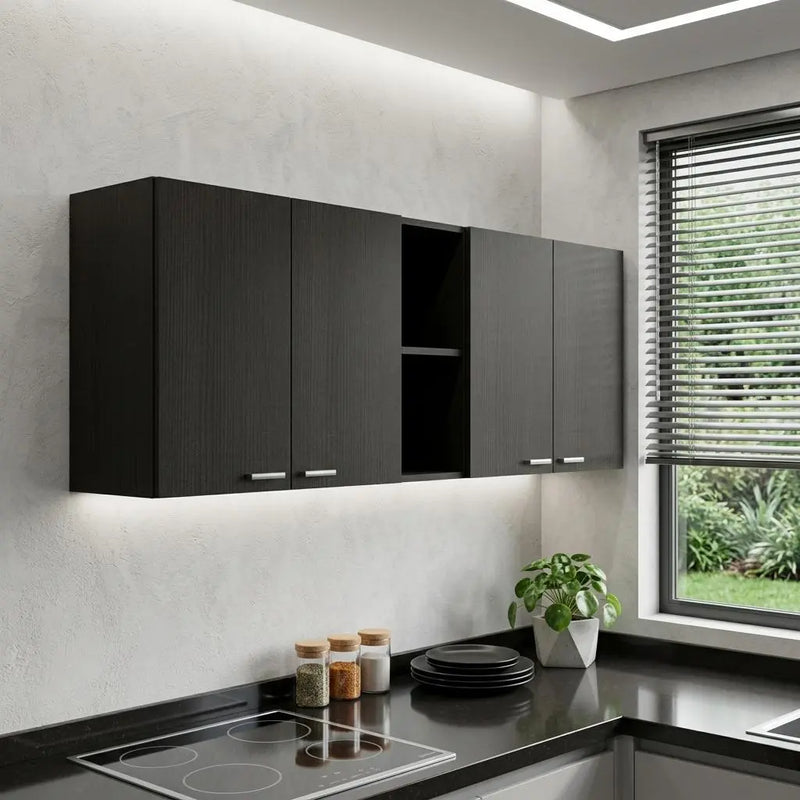 59" Black Wood Wall mounted Accent Cabinet With Five Shelves Homeroots Kitchen & Dining