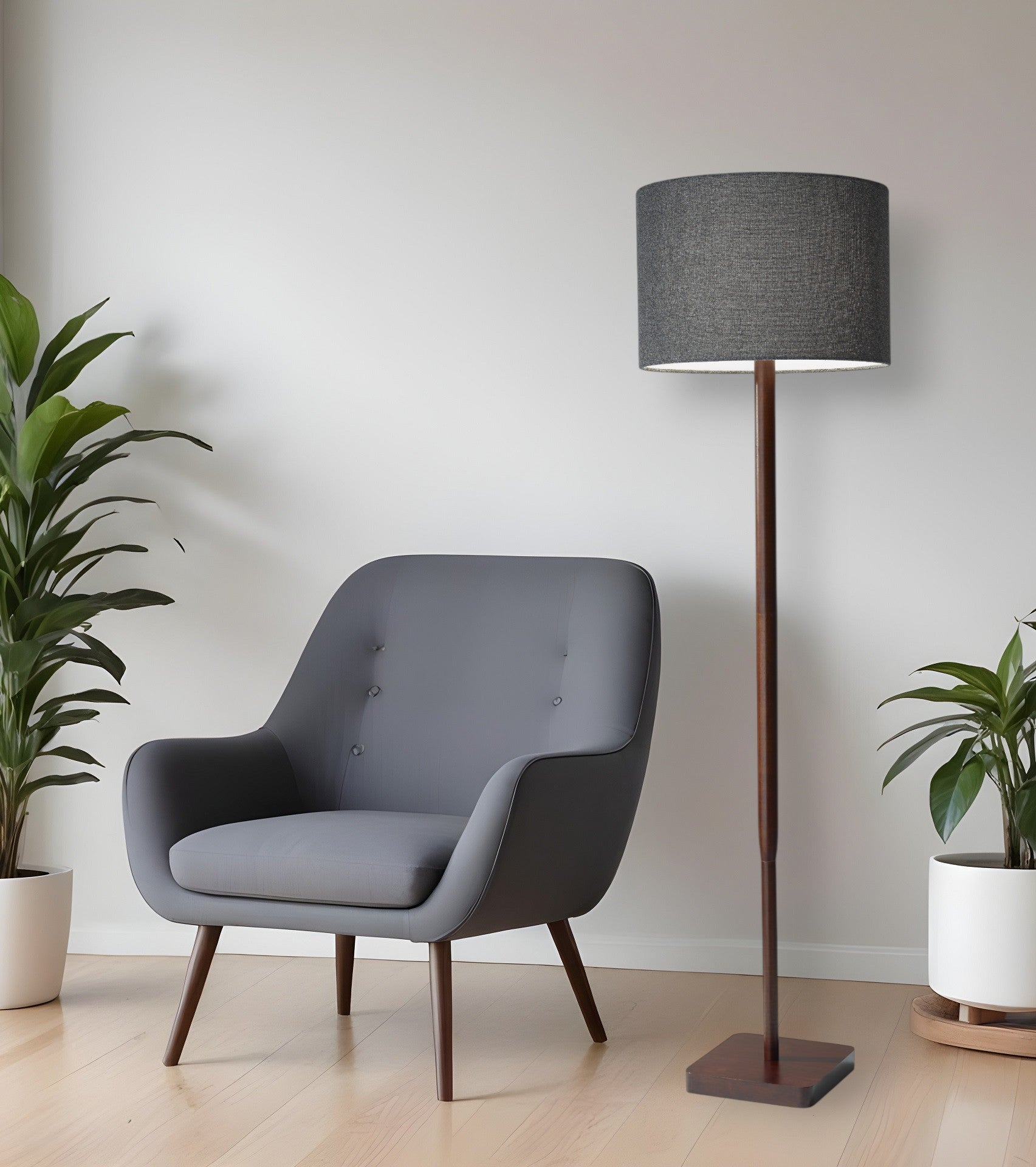 59" Brown And Black Solid Wood Floor Lamp With Dark Gray Fabric Drum Shade - GreatEagleInc