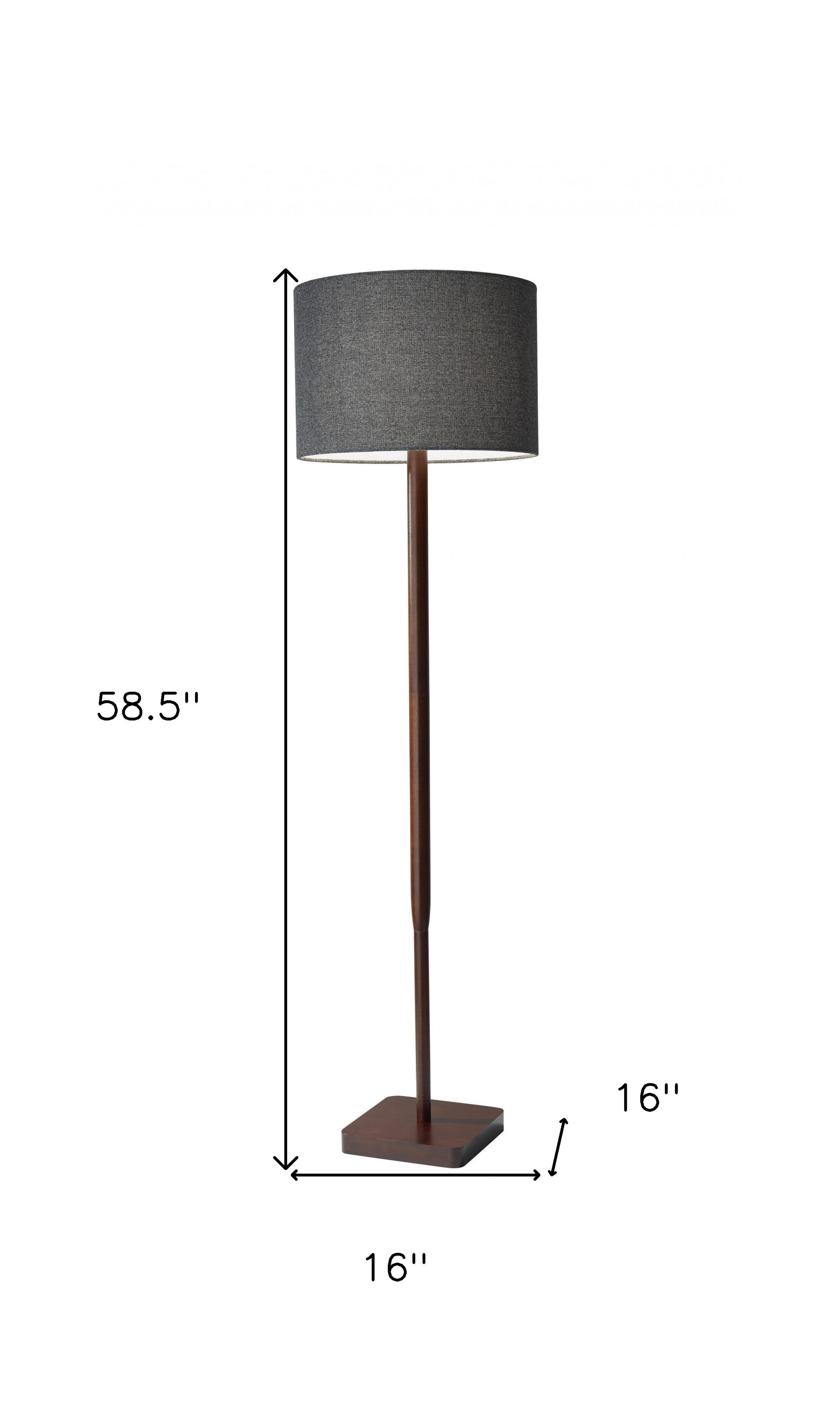 59" Brown And Black Solid Wood Floor Lamp With Dark Gray Fabric Drum Shade - GreatEagleInc