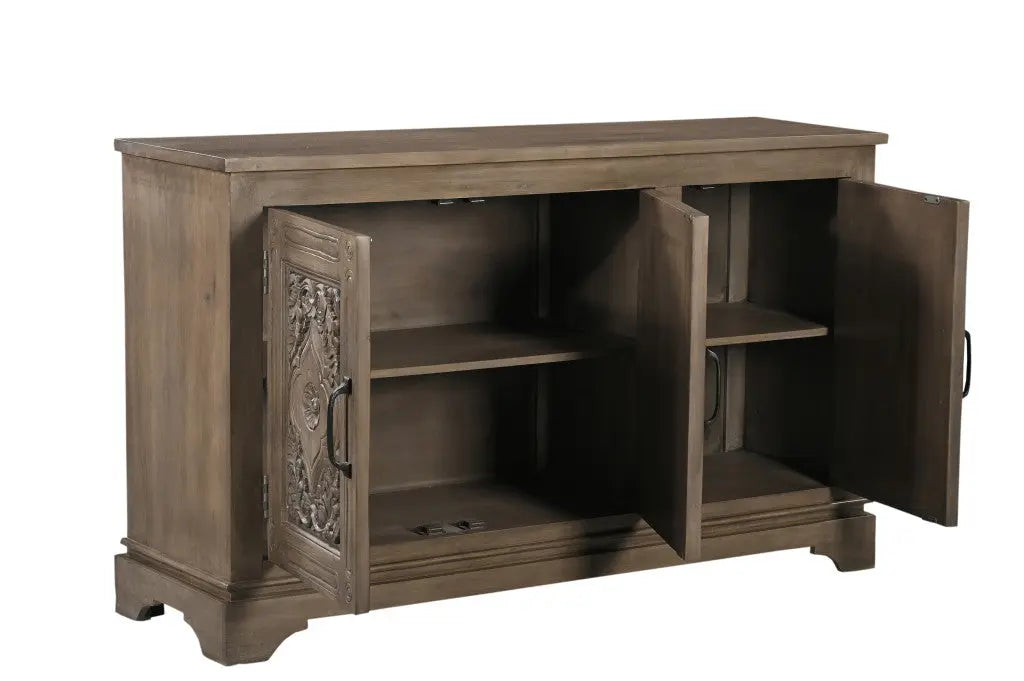 59" Brown Distressed Solid Wood Carved Scrollwork Sideboard with Three Doors Homeroots Kitchen & Dining