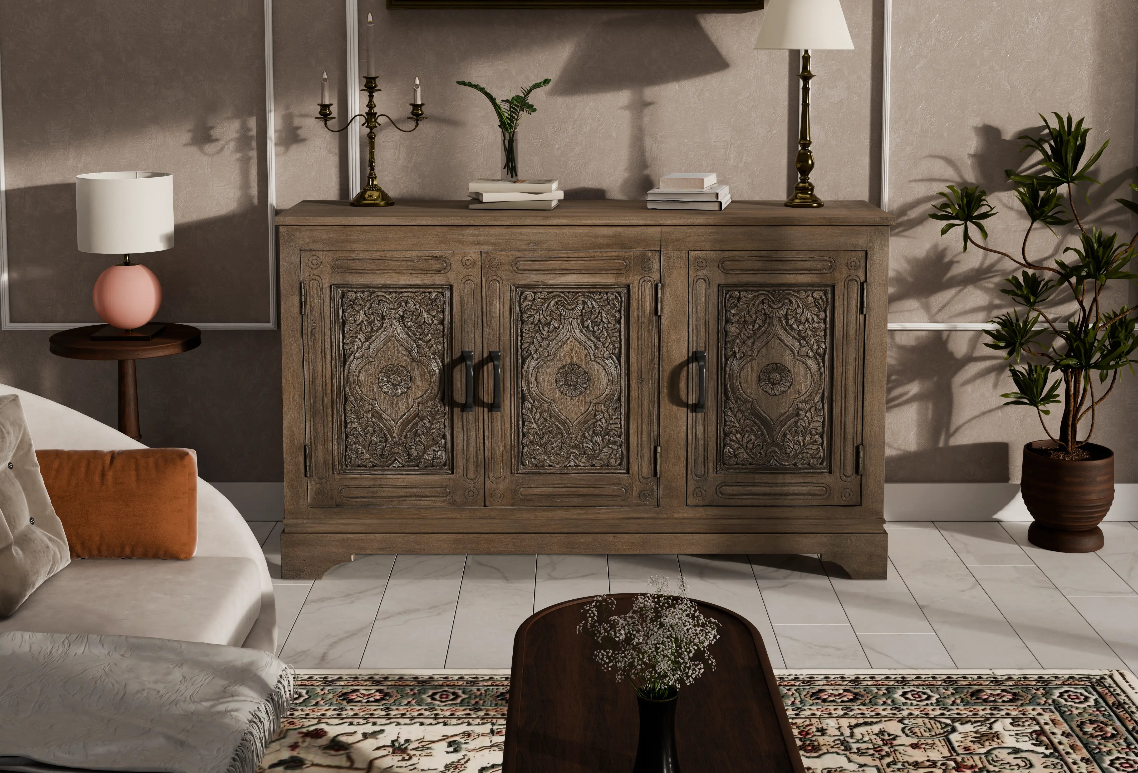 59" Brown Distressed Solid Wood Carved Scrollwork Sideboard with Three Doors Homeroots Kitchen & Dining
