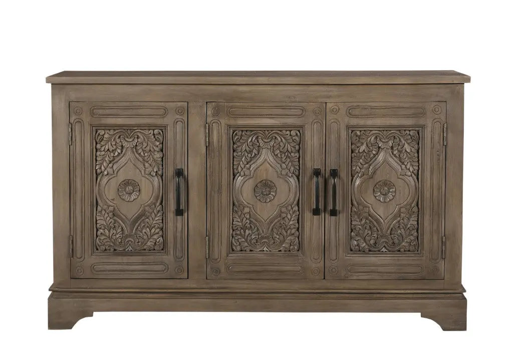 59" Brown Distressed Solid Wood Carved Scrollwork Sideboard with Three Doors Homeroots Kitchen & Dining