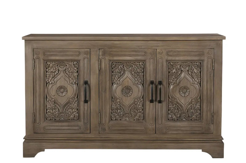 59" Brown Distressed Solid Wood Carved Scrollwork Sideboard with Three Doors Homeroots Kitchen & Dining