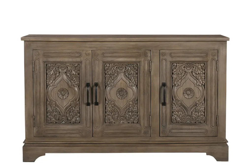59" Brown Distressed Solid Wood Carved Scrollwork Sideboard with Three Doors Homeroots Kitchen & Dining